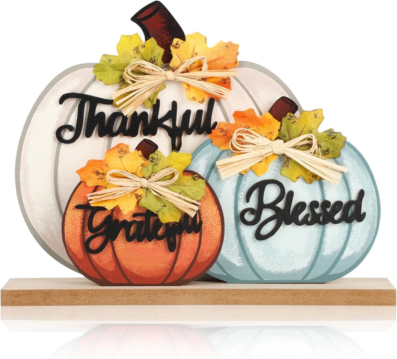 3 Pcs Fall Pumpkin Decor Wooden Table Sign Thankful Blessed Grateful Tabletop for Autumn Farmhouse Vintage Thanksgiving Harvest Party Rustic Home Room Table Shelf Halloween Decorations